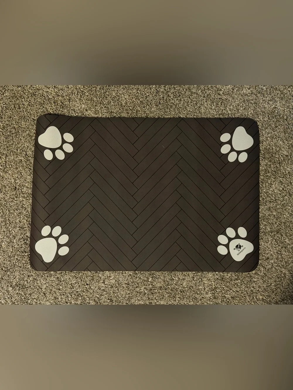 Dark Brown Paw Prints and Chevron Design Pet Food Mat 23”x15”